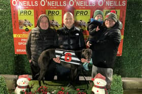 Novice Sprint, heat one, was won by 'Da Three Divils', pictured with (from left) Martin Fahy, Michael McLaughlin and Darren Fahy with his son, Oisin.