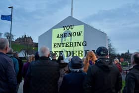 One of the images of 269 victims of state violence that were projected onto Free Derry Wall during Monday evening’s protest against the British government’s controversial Legacy Bill. The protest was organised by the Bloody Sunday Trust and the Pat Finucane Centre.  Photo: George Sweeney.  DER2313GS – 10