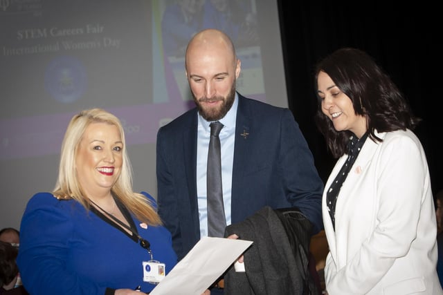 Pictured on International Women’s Day at the STEM Careers Fair in St Mary’s College are Roisin Rice, Vice Principal, Gavin Quigley, St. Brigid’s College and Yvonne Connolly, St. Mary’s College.