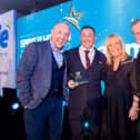 Seamus Crossan wins the Spirit of Health Award presented by Kieran McCormick, Managing Director & Registered Nurse of Balmoral Healthcare alongside Dan Gordon and Linda Robson at the Sunday Life Spirit of Northern Ireland awards on June 30th 2023 (Photo by Kevin Scott for Sunday Life)