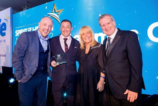Seamus Crossan wins the Spirit of Health Award presented by Kieran McCormick, Managing Director & Registered Nurse of Balmoral Healthcare alongside Dan Gordon and Linda Robson at the Sunday Life Spirit of Northern Ireland awards on June 30th 2023 (Photo by Kevin Scott for Sunday Life)