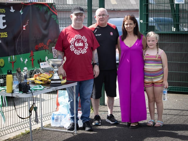 With some of the silverware on offer at the recent Padraig Barton Cup at bay Road Soccer. (Photo: Jim McCafferty)