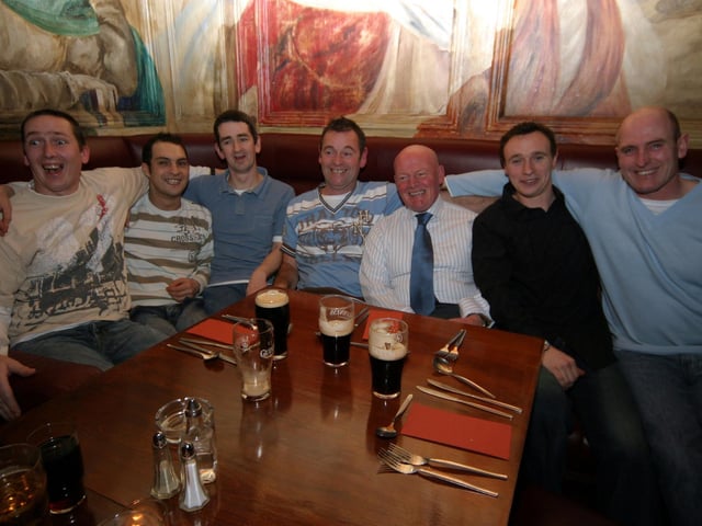 Martin enjoys the craic with work mates, Chris Parke, Darren Sweeney, Eamon McDevitt, Paul Coyle, Warren Knobbs and John Coyle 0148JML : Parties and celebrations January 2006: Martin McElhinney.