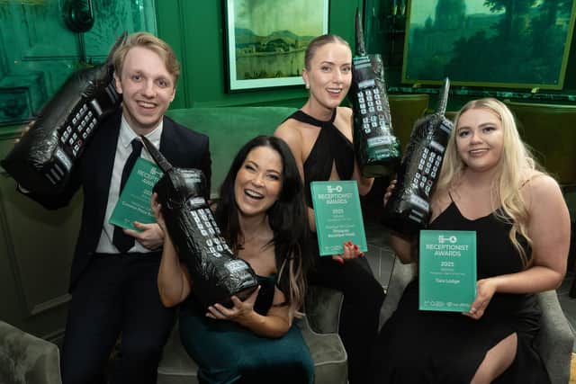 Nataniel Rahn from Crowne Plaza Belfast, winner of the Most Promising Receptionist category; compere Kim Kelly; Mairéad McGahan from Shipquay Boutique Hotel in Derry-Londonderry, winner of the Receptionist of the Year category and Nicole Hardy from Tara Lodge in Belfast, winner of the Reception Team of the Year category.