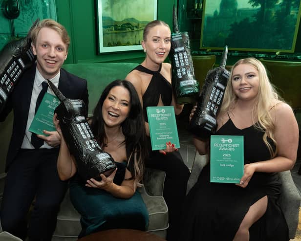 Nataniel Rahn from Crowne Plaza Belfast, winner of the Most Promising Receptionist category; compere Kim Kelly; Mairéad McGahan from Shipquay Boutique Hotel in Derry-Londonderry, winner of the Receptionist of the Year category and Nicole Hardy from Tara Lodge in Belfast, winner of the Reception Team of the Year category.