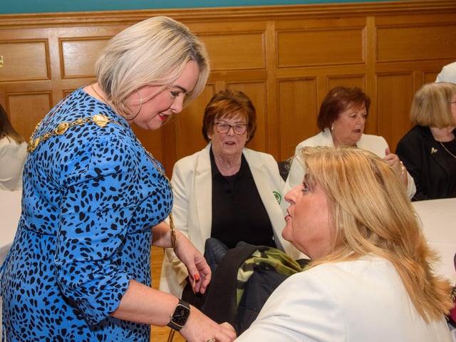 The Mayor Councillor Sandra Duffy welcomed the members of Colmcille Ladies Choir to a reception in the Guildhall as they mark their 50th Anniversary. Picture Martin McKeown. 20.01.23:.