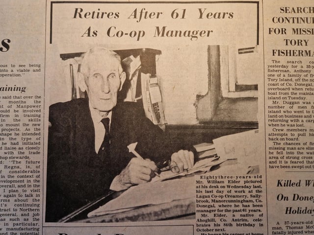 The intro to the story reads: "Eighty-three-year-old Mr. William Elder pictured at his desk on Wednesday last, his last day of work at the Lagan Co-op Creamery, Sally-brook, Manorcunningham, Co. Donegal, where he has been manager for the past 61 years."