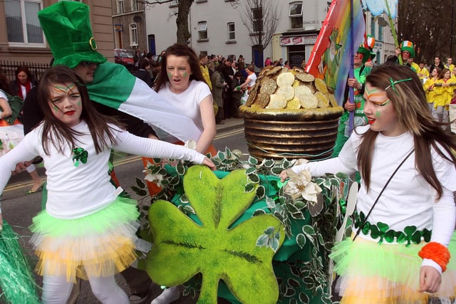 Some of the carnival crowd brought their own ‘pot of gold’, for the St.Patrick’s day celebrations in Derry.