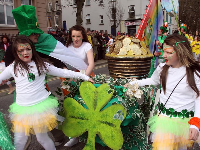 Some of the carnival crowd brought their own ‘pot of gold’, for the St.Patrick’s day celebrations in Derry.