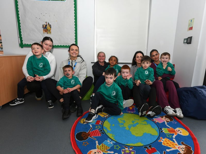 Mrs McMonagle with her P1 class and assistants at Ardnashee School.