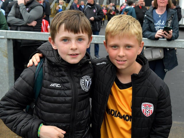 Young fans at the Derry City versus Cork City game at the Ryan McBride Brandywell Stadium. Photograph: George Sweeney. DER2325GS – 80