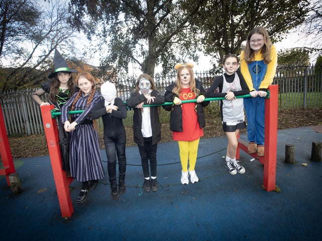 Some of the P7 girls pictured in full costume during Halloween festivities at Greenhaw on Friday. : .