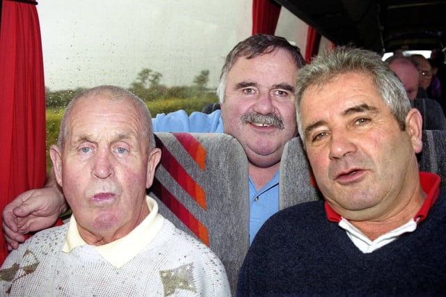 Gerry Breslin, Charlie Doherty and Foncie McFadden pictured on the Derry City supporters bus heading to Dublin for the cup final. Photos by Hugh Gallagher