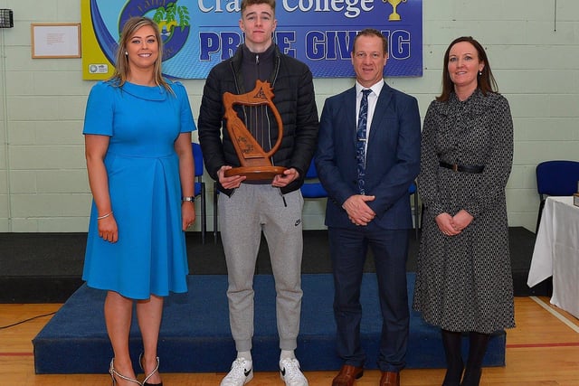 Michael McElroy, recipient of the Danny McConnellogue Award for Contribution to the Irish Language, pictured at the annual Crana College Prize Giving on Friday afternoon last with Ms Clare Bradley (BOM), on the left, Mr Kevin Cooley principal and Ms Sinead Anderson deputy principal. Photo: George Sweeney DER2246GS - 95