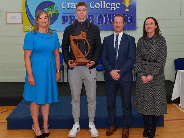 Michael McElroy, recipient of the Danny McConnellogue Award for Contribution to the Irish Language, pictured at the annual Crana College Prize Giving on Friday afternoon last with Ms Clare Bradley (BOM), on the left, Mr Kevin Cooley principal and Ms Sinead Anderson deputy principal. Photo: George Sweeney DER2246GS - 95