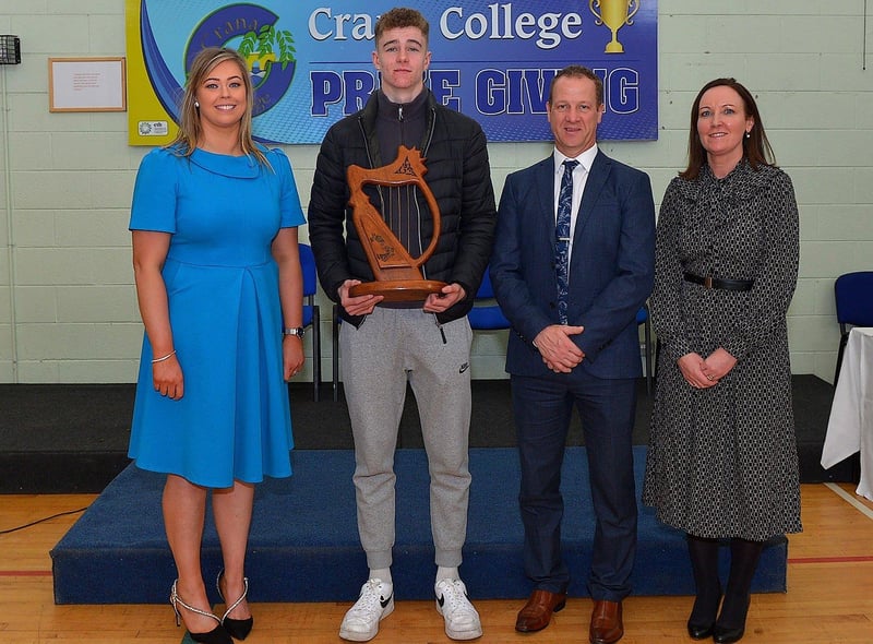 Michael McElroy, recipient of the Danny McConnellogue Award for Contribution to the Irish Language, pictured at the annual Crana College Prize Giving on Friday afternoon last with Ms Clare Bradley (BOM), on the left, Mr Kevin Cooley principal and Ms Sinead Anderson deputy principal. Photo: George Sweeney DER2246GS - 95