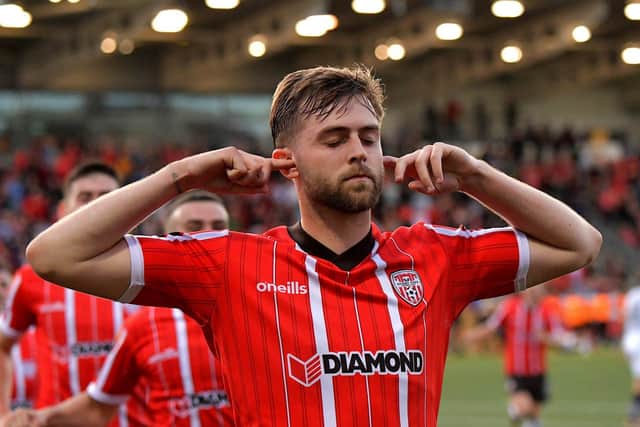 Derry City’s Will Patching celebrates an injury time goal against Sligo Rovers at the Brandywell.