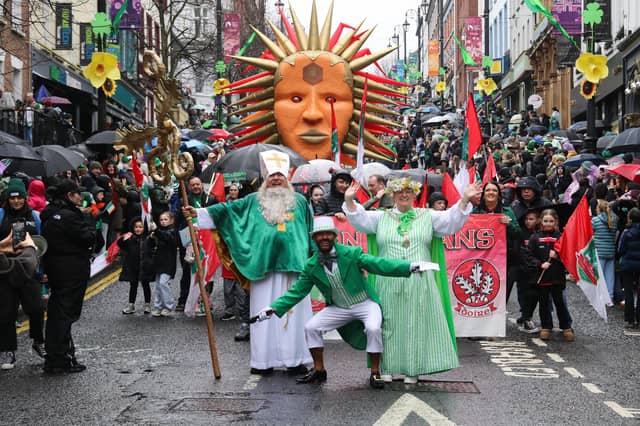 Local celebrity Mickey Doherty and Deputy Mayor Niree McMorris with St. Patrick, leading the St. Patrick’s Day Parade coming down Shipquay Street. (Photo - Deirdre Heaney, nwpresspics)