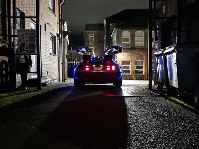 Doc and Marty driving off in the DeLorean, to go back in time.