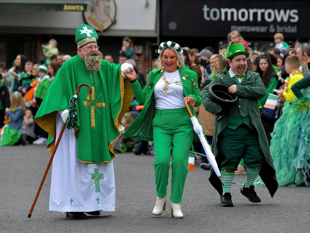 St Patrick, Mayor Sandra Duffy and a leprechaun at Derry‘s St Patrick’s Day parade on Friday afternoon. Photo: George Sweeney. DER2311GS – 58 