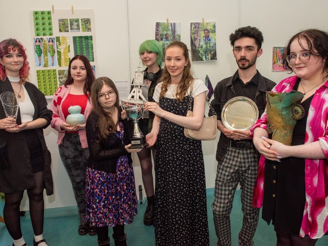 Prize winners at NWRC’s Art and Design Showcase at the Lawrence Building from l-r: Kaley Sheerin, Marion Mulholland, Lauryn Hamilton, Christine Beckett, Clodagh Doherty, Patrick McEneney, and Emma Johnson.