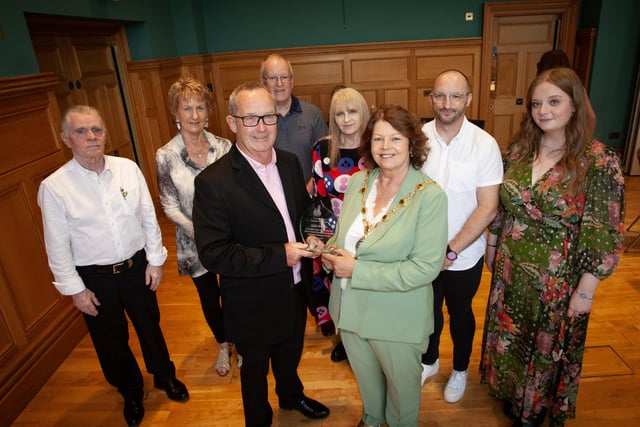 The Mayor Patricia Logue pictured with Eddie Breslin and friends at a function in his honour at the Guildhall on Thursday evening.