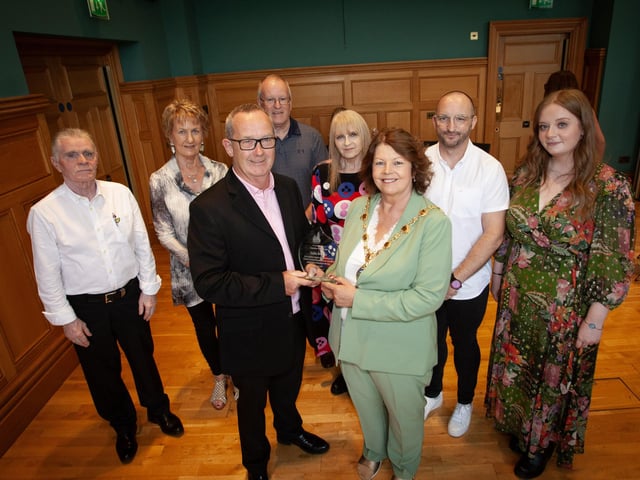 The Mayor Patricia Logue pictured with Eddie Breslin and friends at a function in his honour at the Guildhall on Thursday evening.