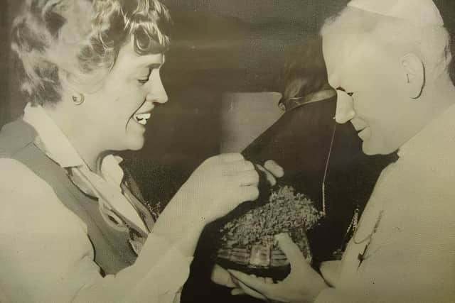 The late Breedge O’Connell presenting Pope John Paul II with a bowl of Shamrocks in the Vatican on St Patrick’s Day 1982.