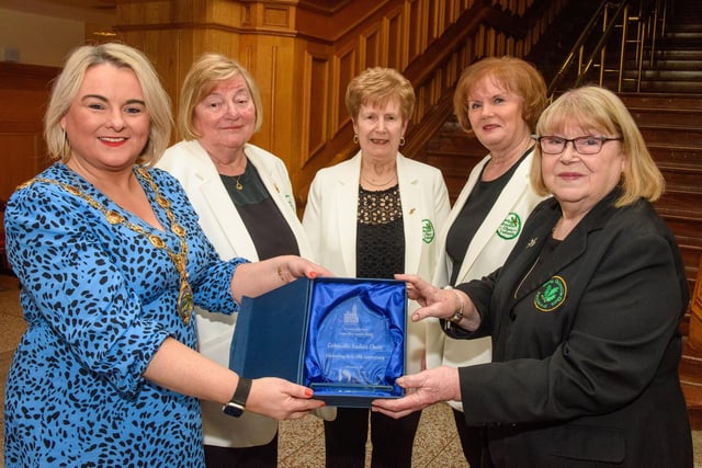 The Mayor Councillor Sandra Duffy pictured with Musicial Director, Sheila Carlin amd founding members, Ursula Clifford 
Anne Gallagher and Angela Morrison as she welcomed the members of Colmcille Ladies Choir to a reception in the Guildhall as they mark their 50th Anniversary. Picture Martin McKeown. 20.01.23:.
