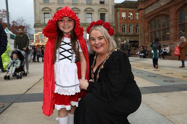 Mayor Sandra Duffy with Remée Bradley (Little Red Riding Hood). (Photo - Tom Heaney, nwpresspics)