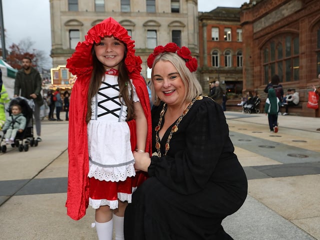 Mayor Sandra Duffy with Remée Bradley (Little Red Riding Hood). (Photo - Tom Heaney, nwpresspics)