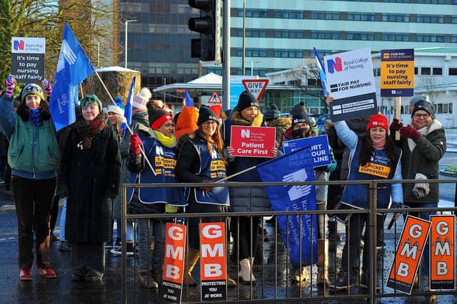 December 2022: Royal College of Nurses members, campaigning for fair pay and conditions, take part in industrial action at Altnagelvin Hospital. Photo: George Sweeney. DER2250GS - 44