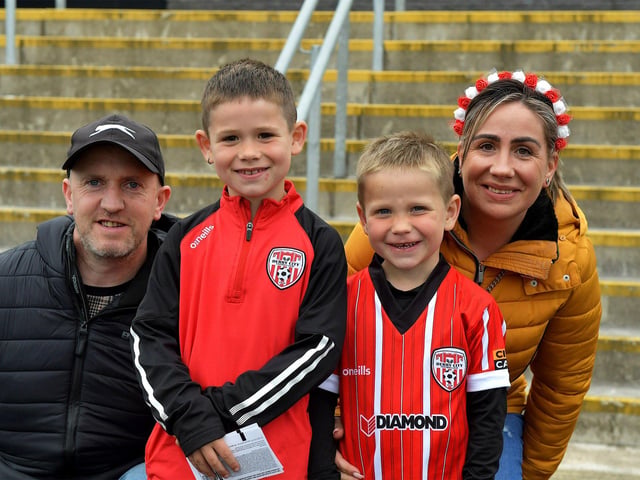 Smiling Derry City fans at the Brandywell for the game against UCD on Friday evening last. Photo: George Sweeney. DER2320GS – 111