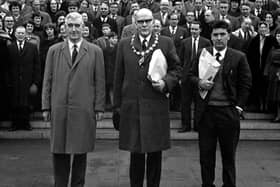 Eddie McAteer, Unionist Mayor AW Anderson and John Hume leading a protest against the Lockwood Report at Stormont.