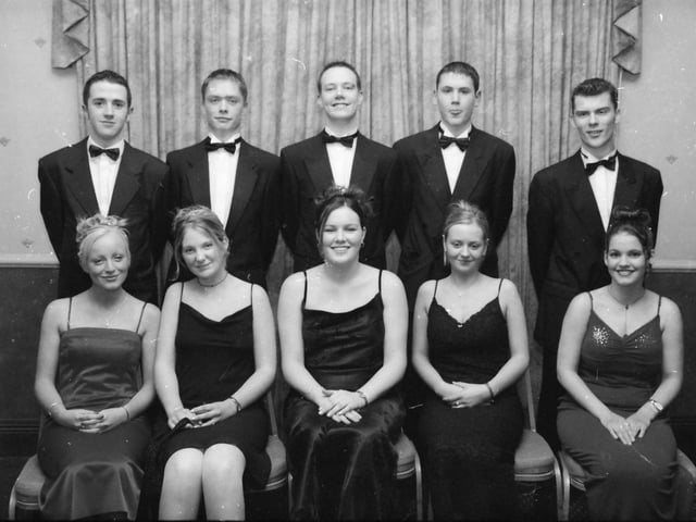 Seated, from left, are Debbie McLaughlin, Jill Montgomery, Shannagh Farren, Christina Kee and Orla McDevitt. Standing, from left, are Dermot Bradley, Nicholas Power, David Saunders, Niall Doran and Barry Mullan at the St. Columb's College Annual Formal in November 1999.