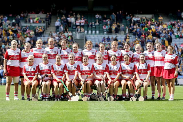 The Derry team line out before Sunday's Glen Dimplex All-Ireland Intermediate Camogie Championship Final in Croke Park. (Photo: INPHO/Laszlo Geczo)