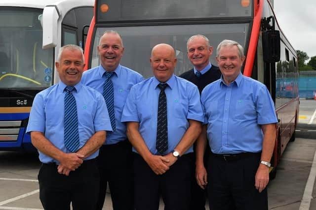 Pictured at Pennyburn Depot were Translink retirees who accumulated 183 years of service. From left are Vinnie Morrison (45 years), Andy McGillan (35 years), George Curry (50 years), Trever Tracey (17 years) and Jim Kelly (36 years). Photo: George Sweeney. DER2326GS - 63