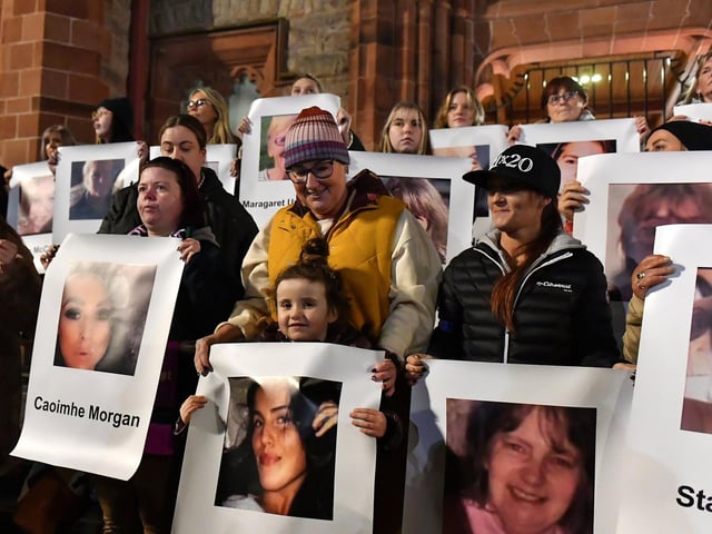 Photographs of women who lost their lives through violence during the past four years displayed at the Rally for Women's Safety held in the Guildhall Square on Friday evening. Photo: George Sweeney