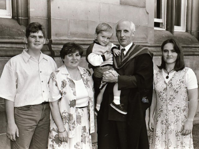 Photographs of students, professors, and proud parents during the Magee graduations in June 1995.