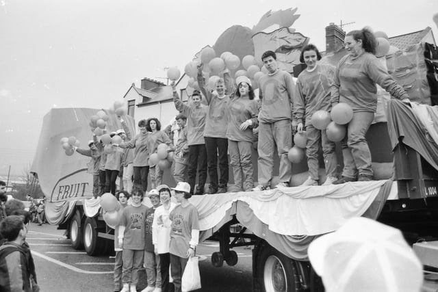 The Fruit of the Loom float during the March 1993 St. Patrick's Day parade in Buncrana.