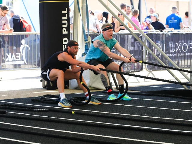 Participants taking part in the Sled Pull at the Ebrington Hyrox held in Ebrington Square on Saturday. (Photo - Tom Heaney, nwpresspics)
