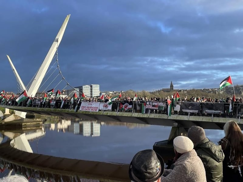 The Peace Bridge was draped with Palestinian banners and flags during the protest on New Year's Eve.
