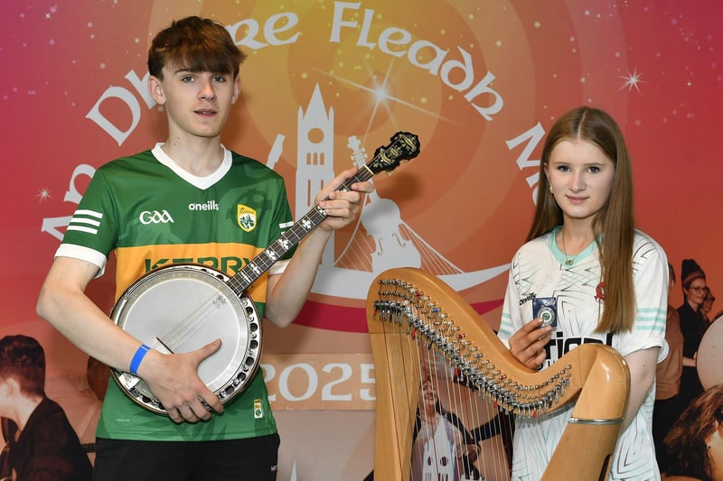 Shea McGlinchey achieved First place Banjo Aged 15 – 18 and Caithlin McGlinchey who achieved second place Harp Age 12 - 15 at Fleadh Mhór Dhoíre. Photo: George Sweeney