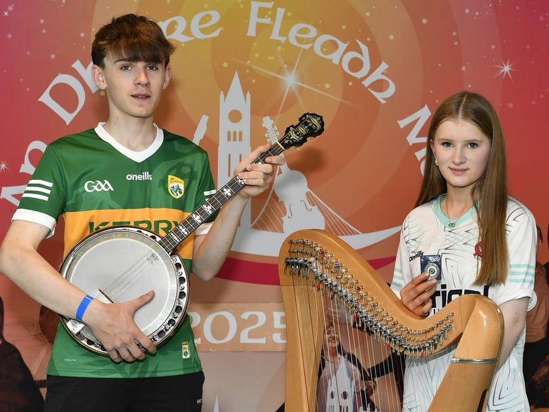 Shea McGlinchey achieved First place Banjo Aged 15 – 18 and Caithlin McGlinchey who achieved second place Harp Age 12 - 15 at Fleadh Mhór Dhoíre. Photo: George Sweeney