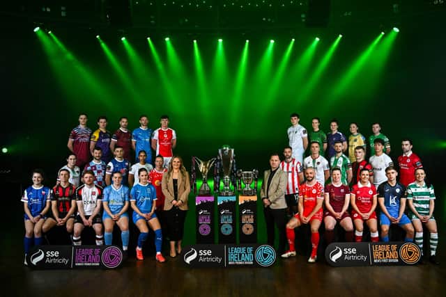 League of Ireland director Mark Scanlon and Ashley Morrow, head of brand, advertising and sponsorship at SSE Airtricity; during the SSE Airtricity Men’s Premier Division, SSE Airtricity Men’s First Division and SSE Airtricity Women’s Premier Division Launch 2025 at Mansion House in Dublin. Photo by Stephen McCarthy/Sportsfile