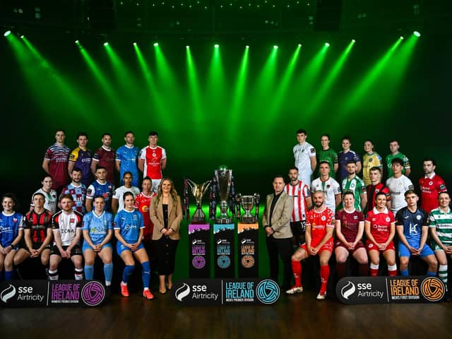 League of Ireland director Mark Scanlon and Ashley Morrow, head of brand, advertising and sponsorship at SSE Airtricity; during the SSE Airtricity Men’s Premier Division, SSE Airtricity Men’s First Division and SSE Airtricity Women’s Premier Division Launch 2025 at Mansion House in Dublin. Photo by Stephen McCarthy/Sportsfile