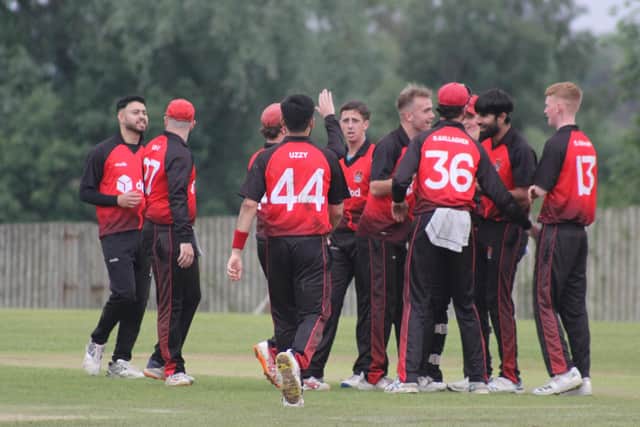 Strabane players celebrate a wicket in Sunday's National Cup game. (Photo: Lawrence Moore)