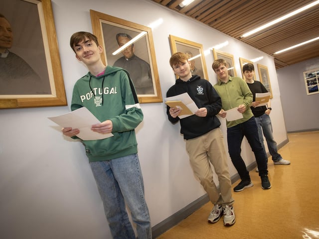 St. Columb's College A Level students happy with their results on Thursday morning. From left, Terry Bradley, James Tourish, Christian Kelly and Damian Romanowski. (Photos: Jim McCafferty Photography)