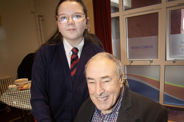 Well-known politician Mitchell McLaughlin pictured with his granddauther at Holy Child PS 'Grandparents To School' Day.