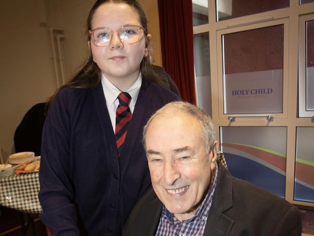Well-known politician Mitchell McLaughlin pictured with his granddauther at Holy Child PS 'Grandparents To School' Day.